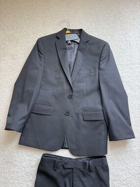 Boy’s black Pinstripe Two-Button Suit, blazer and pants size 12